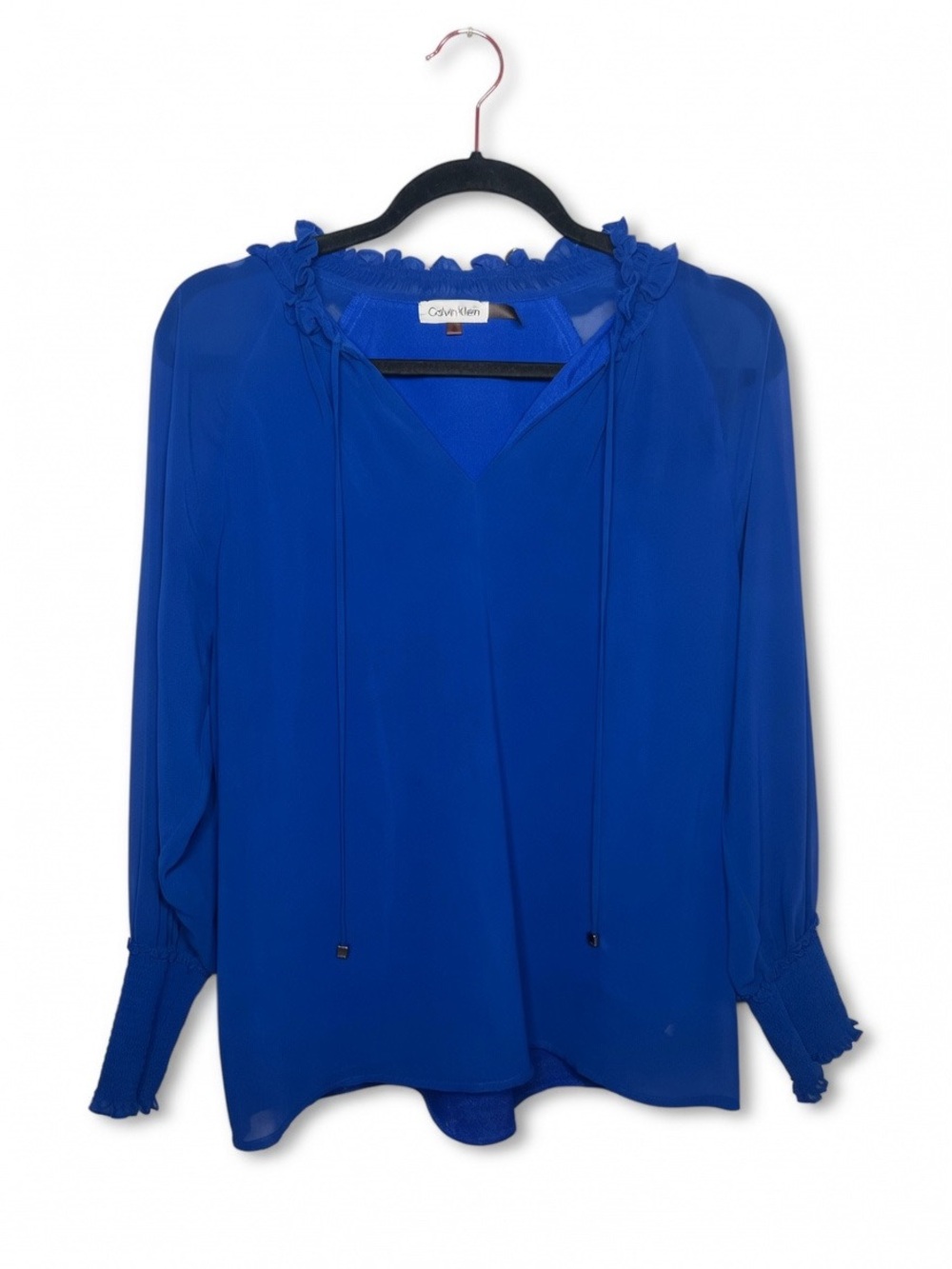 Calvin Klein Cobalt Blue Long-Sleeve Ruffle Tie Neck Blouse